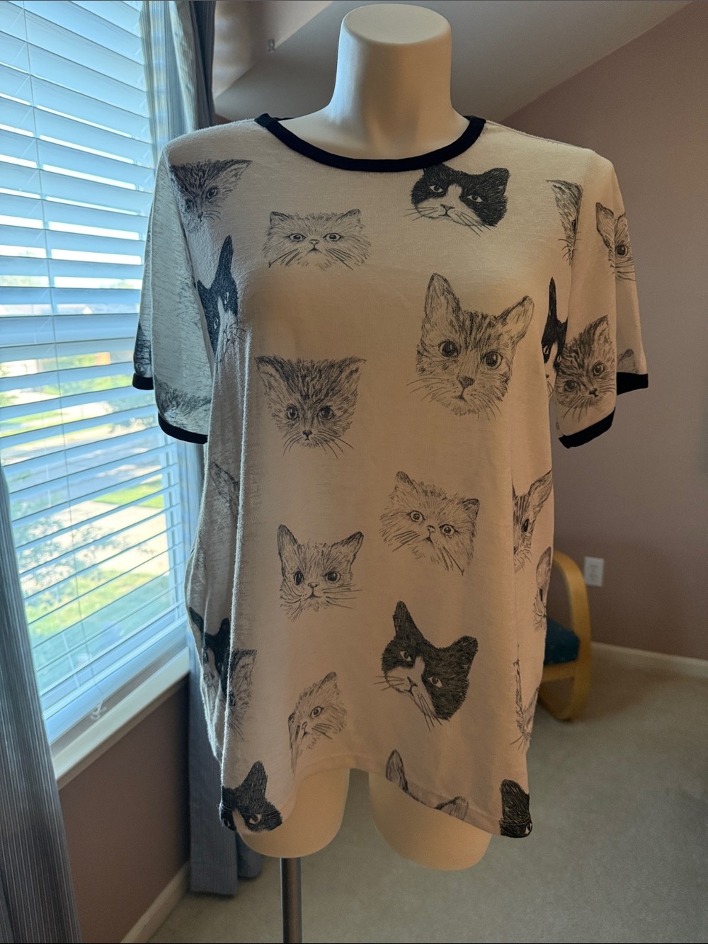 Cat Face Print Short Sleeve Tee - White/Black